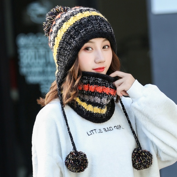 Accessories - Winter Colorful Knit Pom Pom Hat with Neck Gaiter